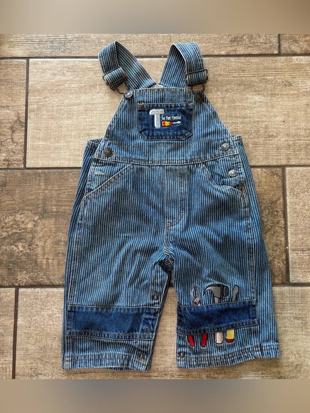 Vintage Y2K Small Steps Overalls Striped Denim “T is For Tools” size 12 month